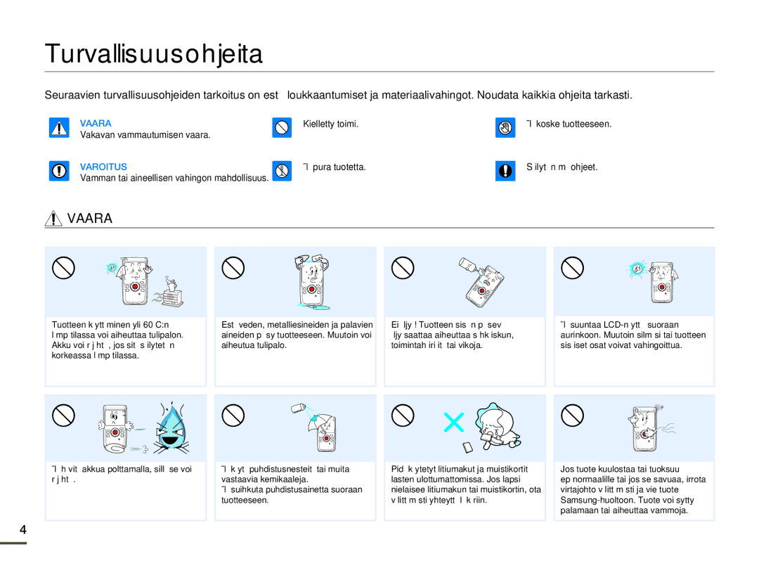 Samsung HMX-W200TP/EDC, HMX-W200RP/EDC manual Turvallisuusohjeita, Vaara 