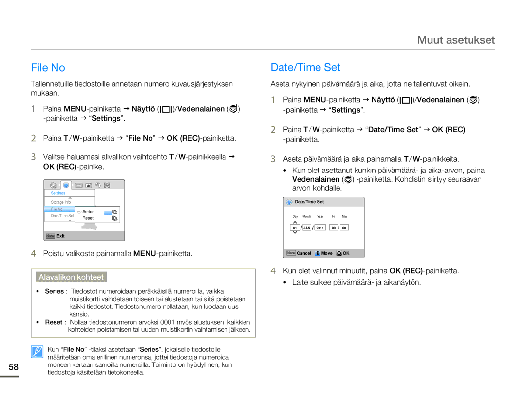 Samsung HMX-W200TP/EDC, HMX-W200RP/EDC manual Muut asetukset, File No, Date/Time Set 