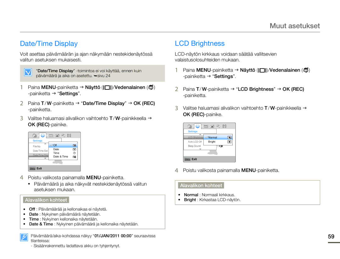 Samsung HMX-W200RP/EDC, HMX-W200TP/EDC manual Date/Time Display LCD Brightness 