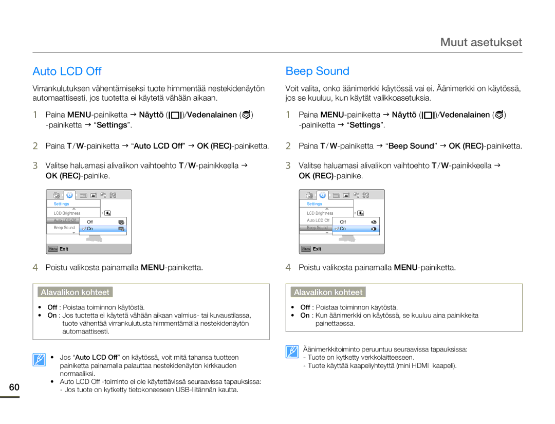 Samsung HMX-W200TP/EDC, HMX-W200RP/EDC manual Auto LCD Off Beep Sound 