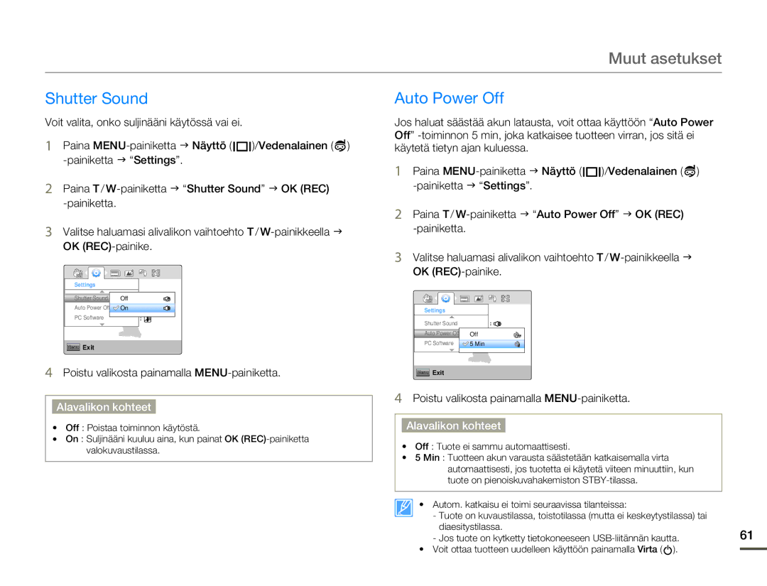 Samsung HMX-W200RP/EDC, HMX-W200TP/EDC manual Shutter Sound Auto Power Off 