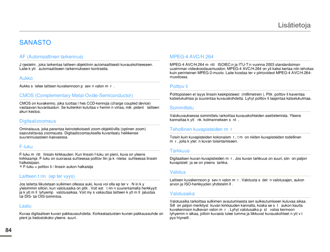 Samsung HMX-W200TP/EDC, HMX-W200RP/EDC manual Sanasto, AF Automaattinen tarkennus 