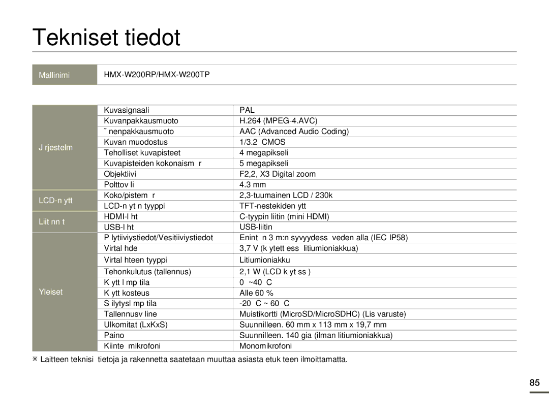 Samsung HMX-W200RP/EDC, HMX-W200TP/EDC manual Tekniset tiedot, Kuvasignaali 