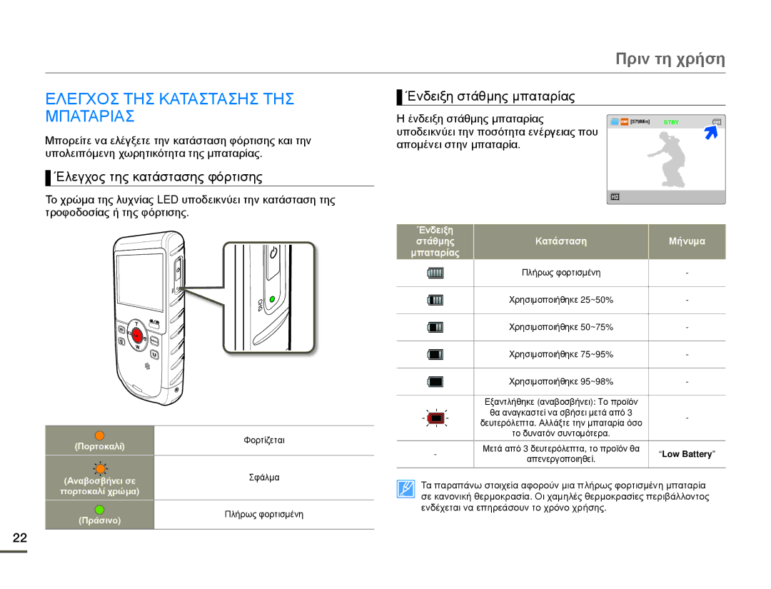 Samsung HMX-W200TP/EDC manual Πριν τη χρήση, Ελεγχοσ ΤΗΣ Καταστασησ ΤΗΣ Μπαταριασ, Έλεγχος της κατάστασης φόρτισης 