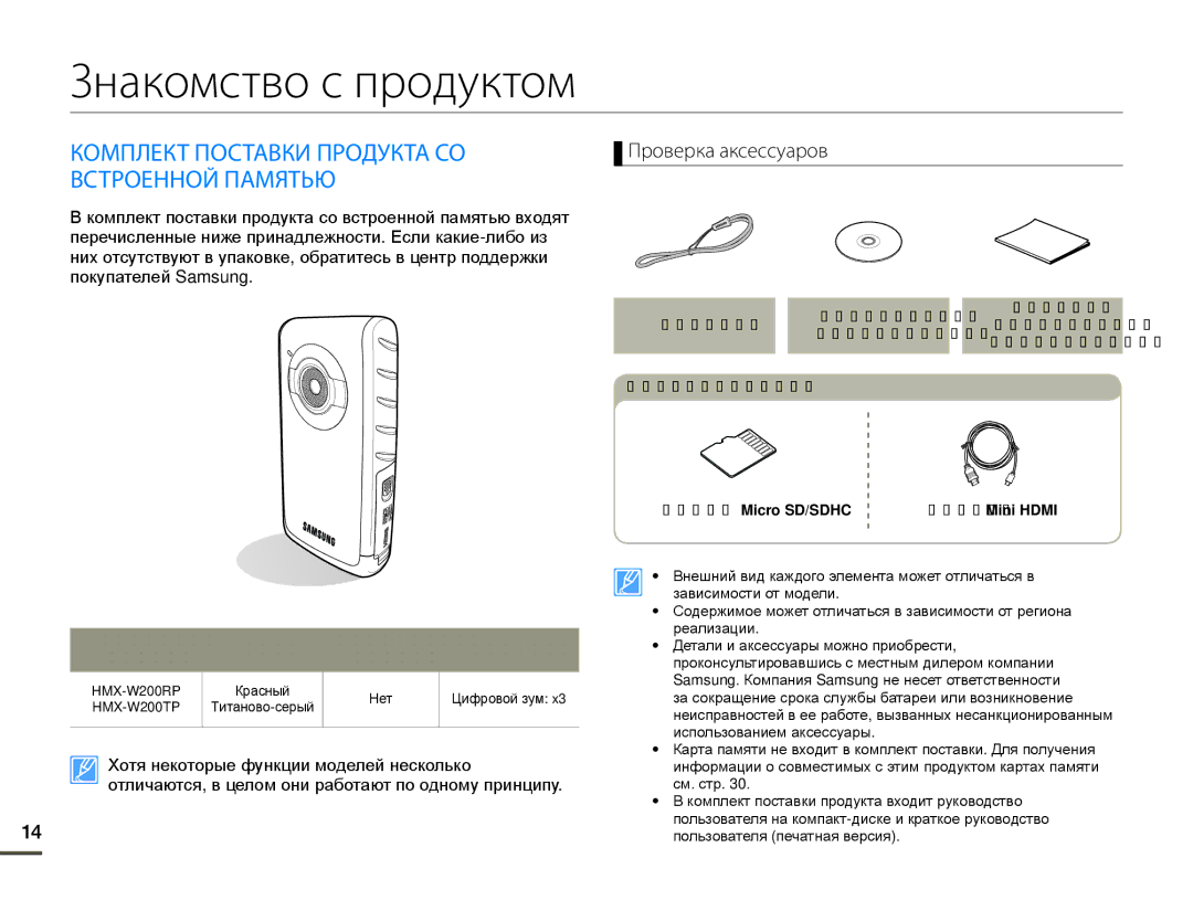 Samsung HMX-W200TP/XER, HMX-W200TP/EDC manual Знакомство с продуктом, Комплект Поставки Продукта СО, Встроенной Памятью 