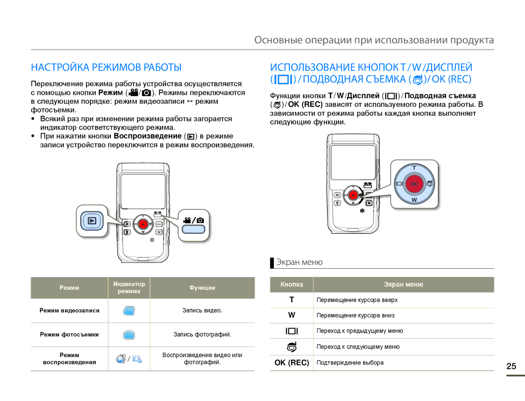 Samsung HMX-W200TP/EDC, HMX-W200TP/XER Основные операции при использовании продукта, Настройка Режимов Работы, Экран меню 