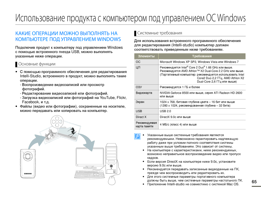 Samsung HMX-W200TP/XER, HMX-W200TP/EDC, HMX-W200RP/XER manual Основные функции, Системные требования, Элементы Требования 