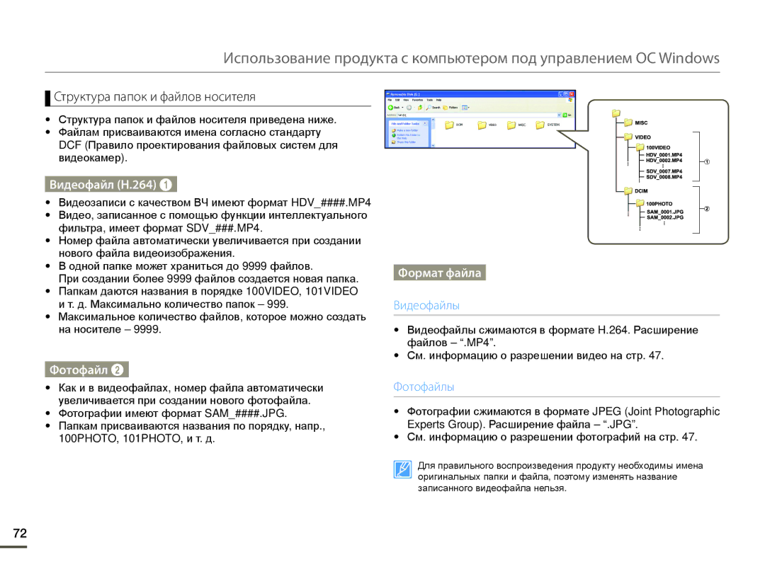 Samsung HMX-W200RP/XER, HMX-W200TP/EDC manual Структура папок и файлов носителя, Видеофайл H.264, Фотофайл, Формат файла 