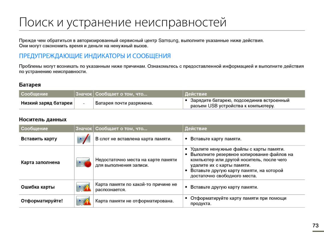 Samsung HMX-W200TP/EDC, HMX-W200TP/XER manual Поиск и устранение неисправностей, Предупреждающие Индикаторы И Сообщения 