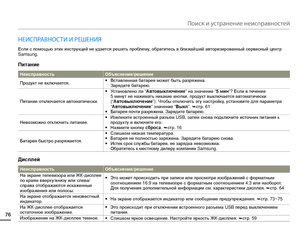 Samsung HMX-W200TP/EDC, HMX-W200TP/XER, HMX-W200RP/XER manual Поиск и устранение неисправностей, Неисправности И Решения 