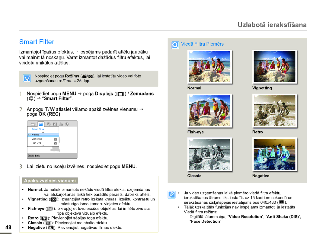 Samsung HMX-W200TP/EDC manual Uzlabotā ierakstīšana, Smart Filter, Lai izietu no īsceļu izvēlnes, nospiediet pogu Menu 