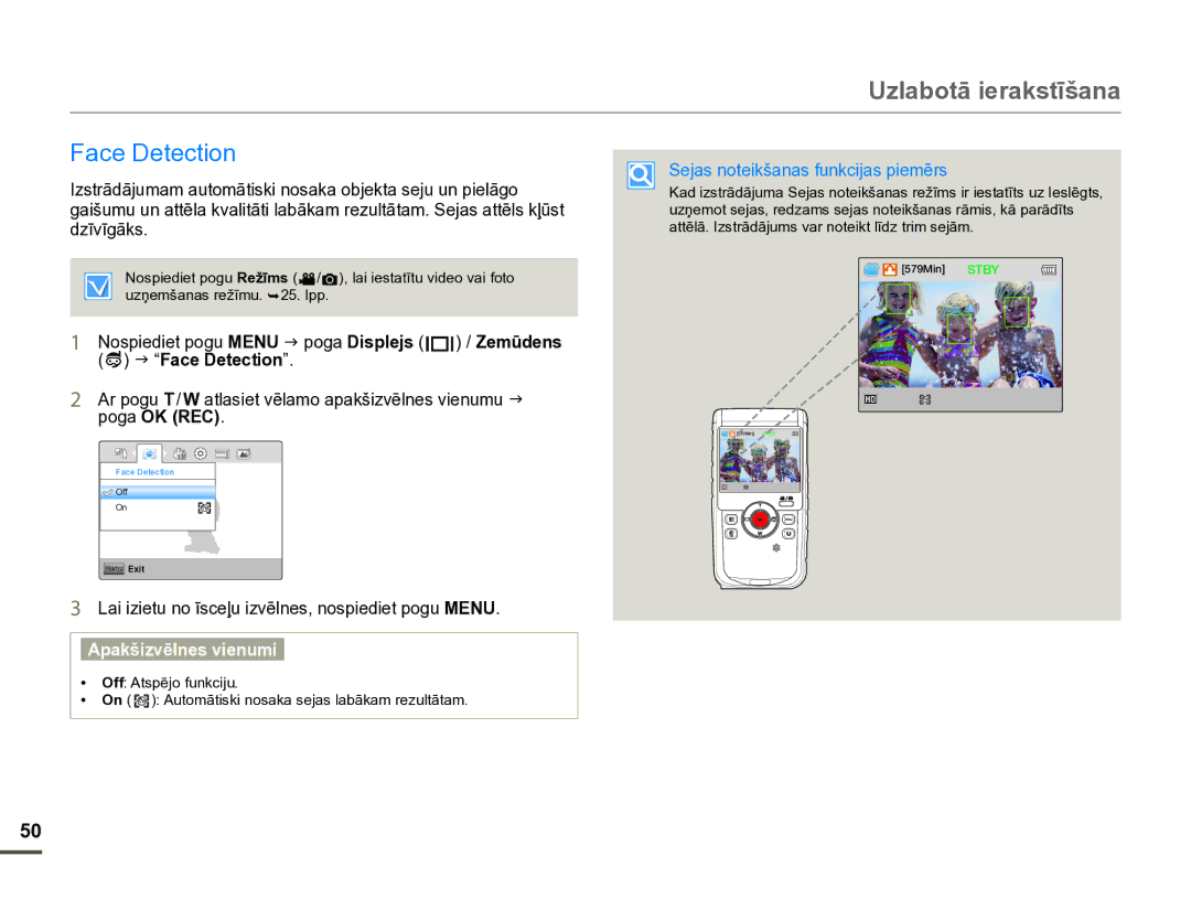 Samsung HMX-W200TP/EDC manual Face Detection, Sejas noteikšanas funkcijas piemērs 