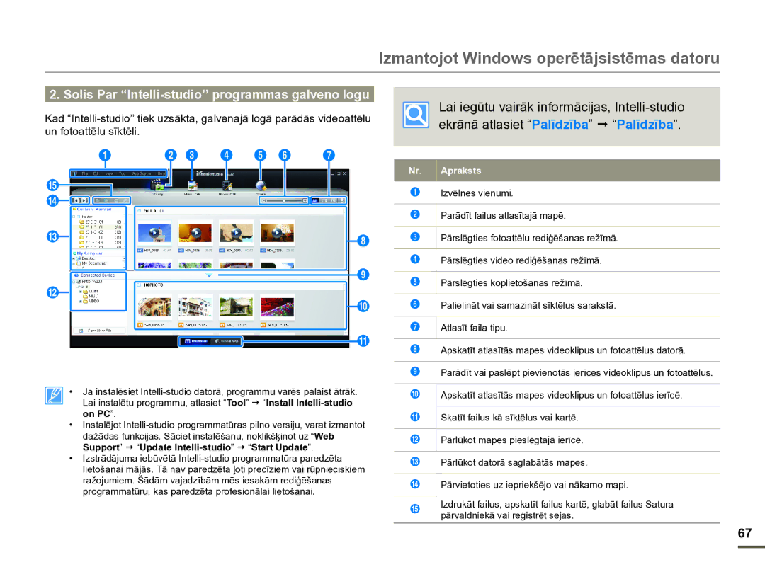 Samsung HMX-W200TP/EDC manual Izmantojot Windows operētājsistēmas datoru, Izvēlnes vienumi 