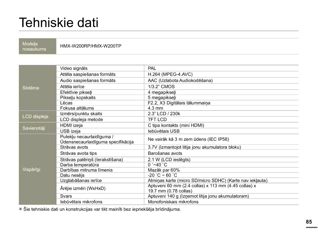 Samsung HMX-W200TP/EDC manual Tehniskie dati 