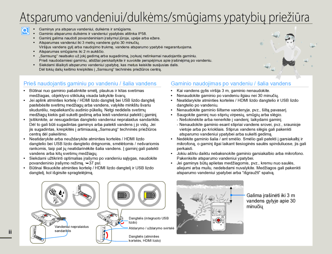 Samsung HMX-W200TP/EDC manual Atsparumo vandeniui/dulkėms/smūgiams ypatybių priežiūra 