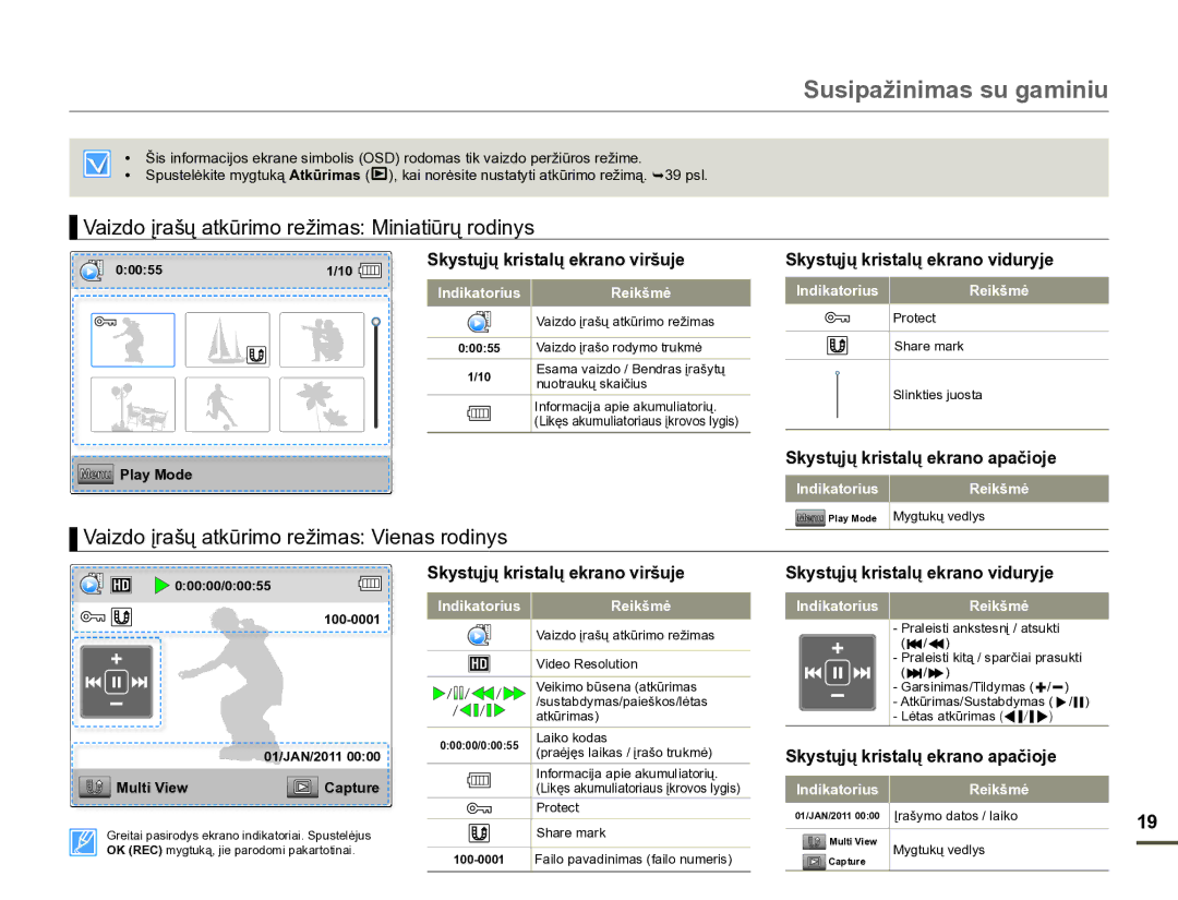 Samsung HMX-W200TP/EDC manual Susipažinimas su gaminiu, Vaizdo įrašų atkūrimo režimas Miniatiūrų rodinys 