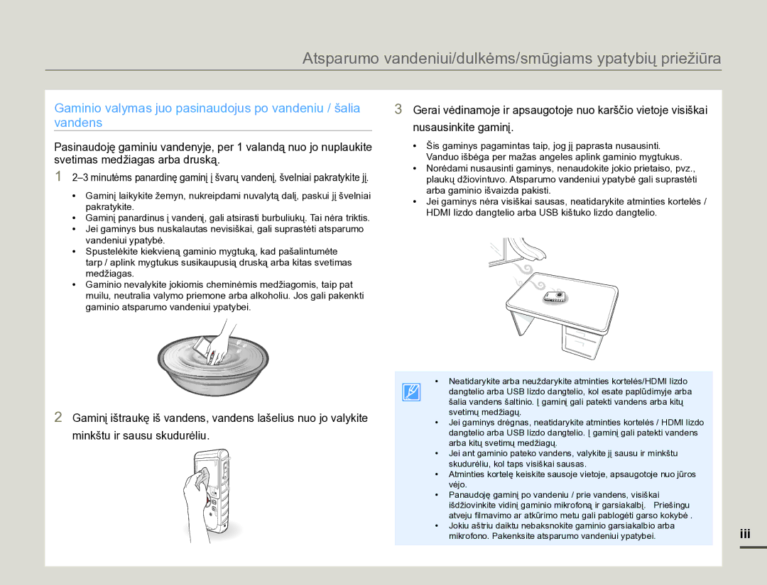 Samsung HMX-W200TP/EDC manual Nusausinkite gaminį, Svetimas medžiagas arba druską 