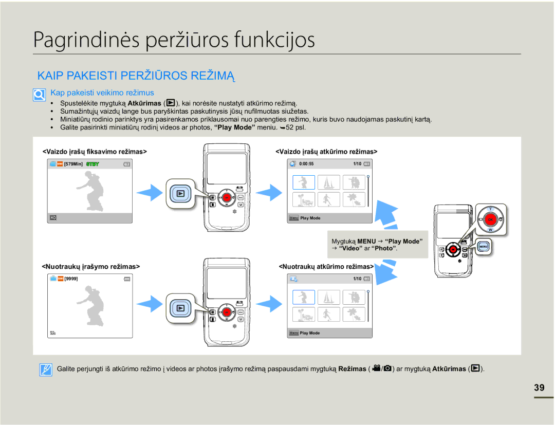 Samsung HMX-W200TP/EDC manual Pagrindinės peržiūros funkcijos, $,33$.,67,35ä,ǋ5265ä,0Ą, DSSDNHLVWLYHLNLPRUHåLPXV 