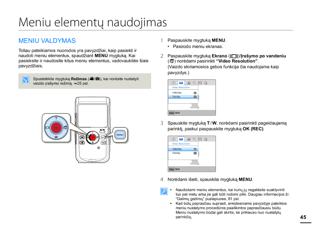 Samsung HMX-W200TP/EDC manual Meniu elementų naudojimas, 01,89$/0$6, 3DVSDXVNLWHP\JWXNą Menu, SDY\GåLDLV, Sdy\G\V 