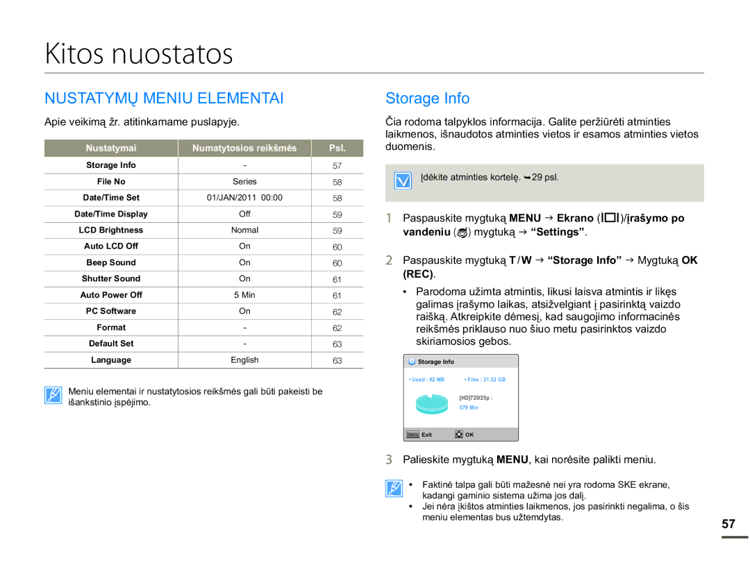 Samsung HMX-W200TP/EDC manual Kitos nuostatos, 1867$70Ǐ01,8/017$, 6WRUDJH,QIR, Gxrphqlv, VnluldprvlrvJherv 