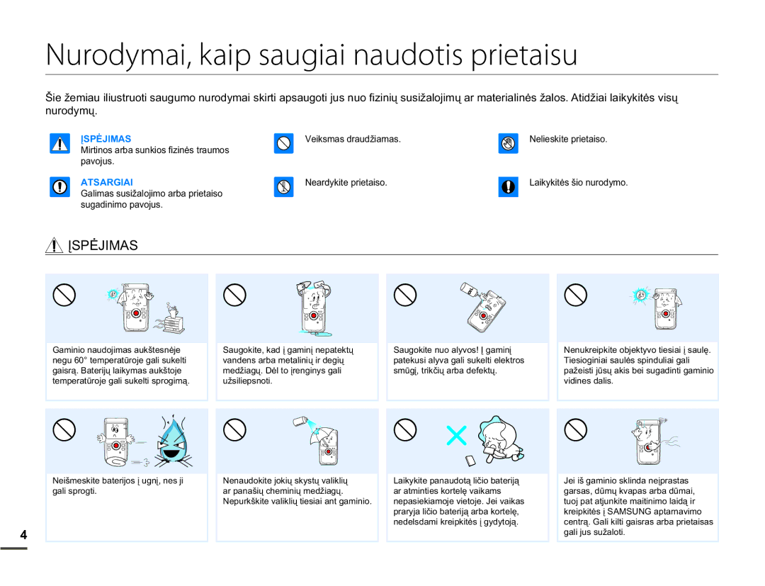 Samsung HMX-W200TP/EDC manual Nurodymai, kaip saugiai naudotis prietaisu, Ʋ63Ơ-,0$6, Sdyrmxv, 1HDUG\NLWHSULHWDLVR 