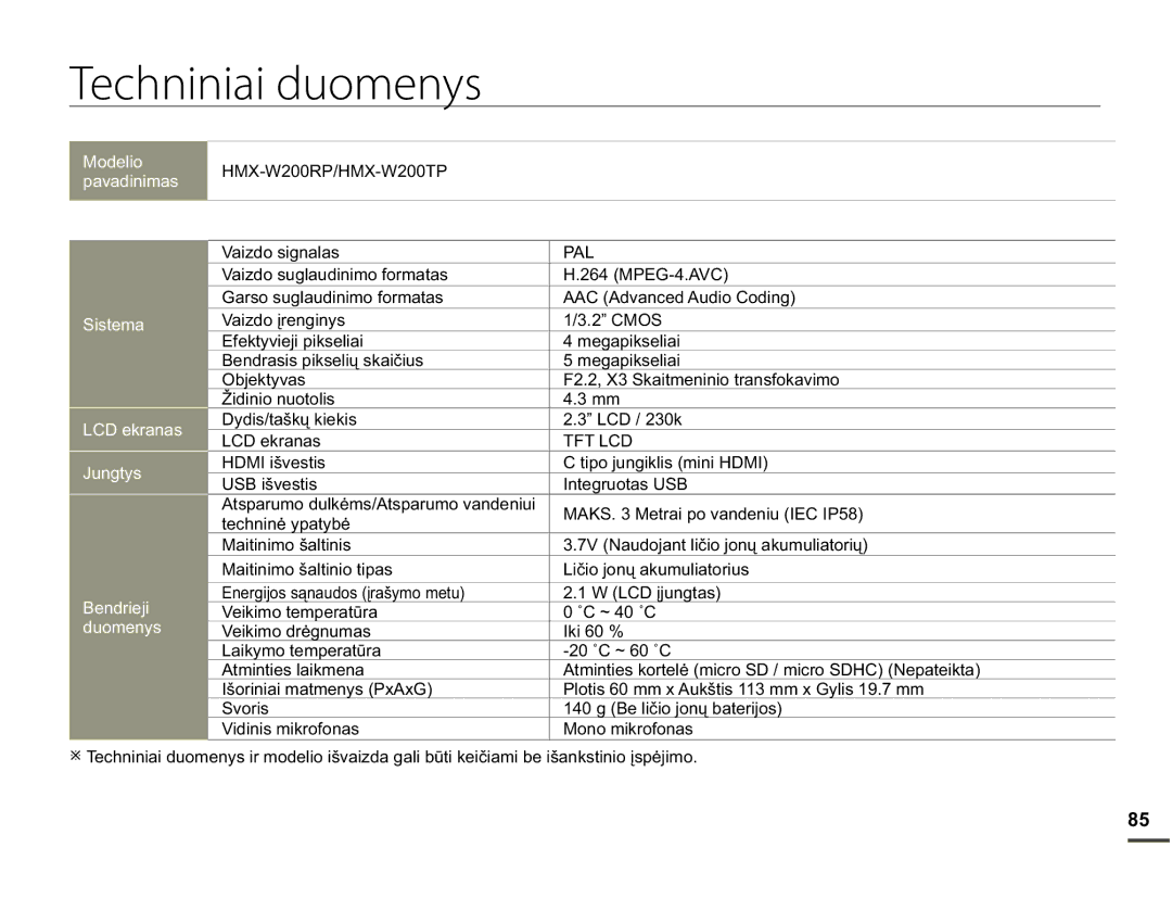 Samsung HMX-W200TP/EDC manual Techniniai duomenys 