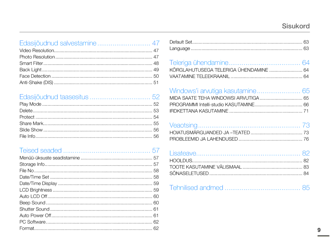 Samsung HMX-W200TP/EDC manual Sisukord, Edasijõudnud taasesitus 