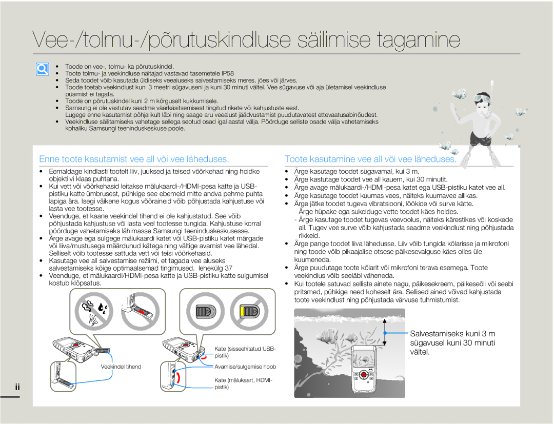 Samsung HMX-W200TP/EDC manual Vee-/tolmu-/põrutuskindluse säilimise tagamine 