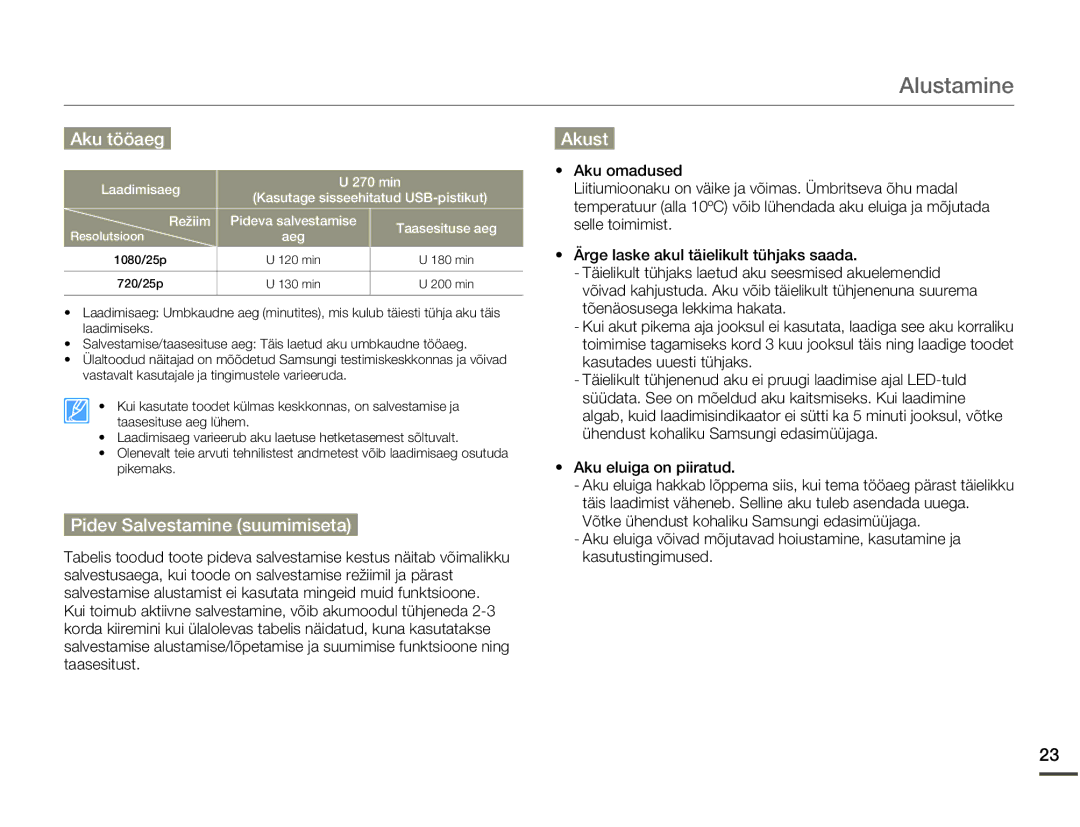 Samsung HMX-W200TP/EDC manual Aku tööaeg, Pidev Salvestamine suumimiseta, Akust 