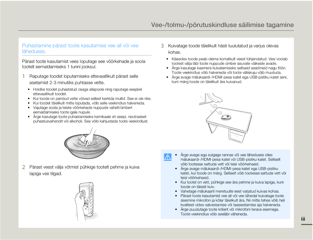 Samsung HMX-W200TP/EDC manual Vee-/tolmu-/põrutuskindluse säilimise tagamine, Iii 