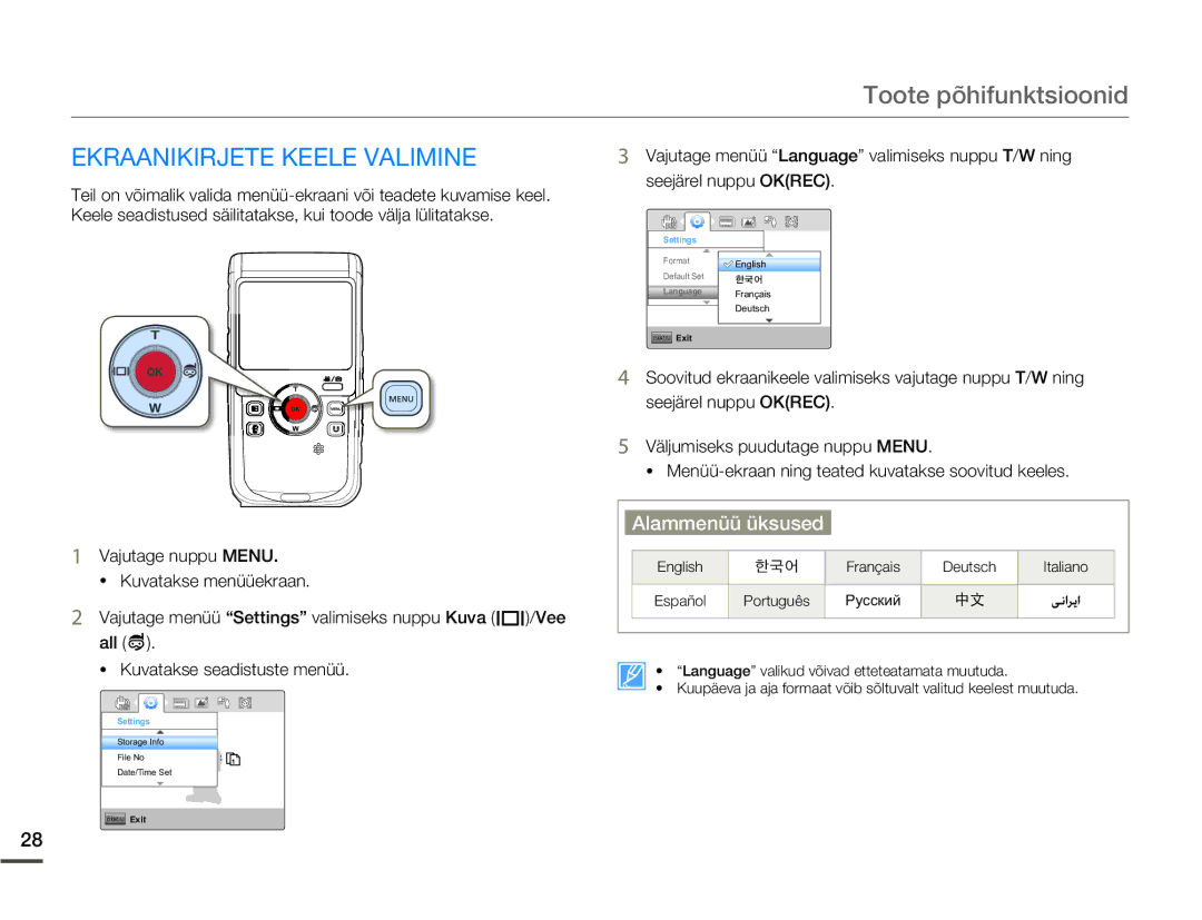 Samsung HMX-W200TP/EDC manual Ekraanikirjete Keele Valimine, Alammenüü üksused 