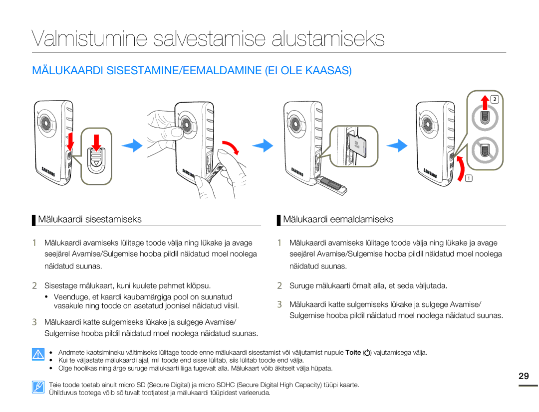 Samsung HMX-W200TP/EDC manual Valmistumine salvestamise alustamiseks, Mälukaardi SISESTAMINE/EEMALDAMINE EI OLE Kaasas 