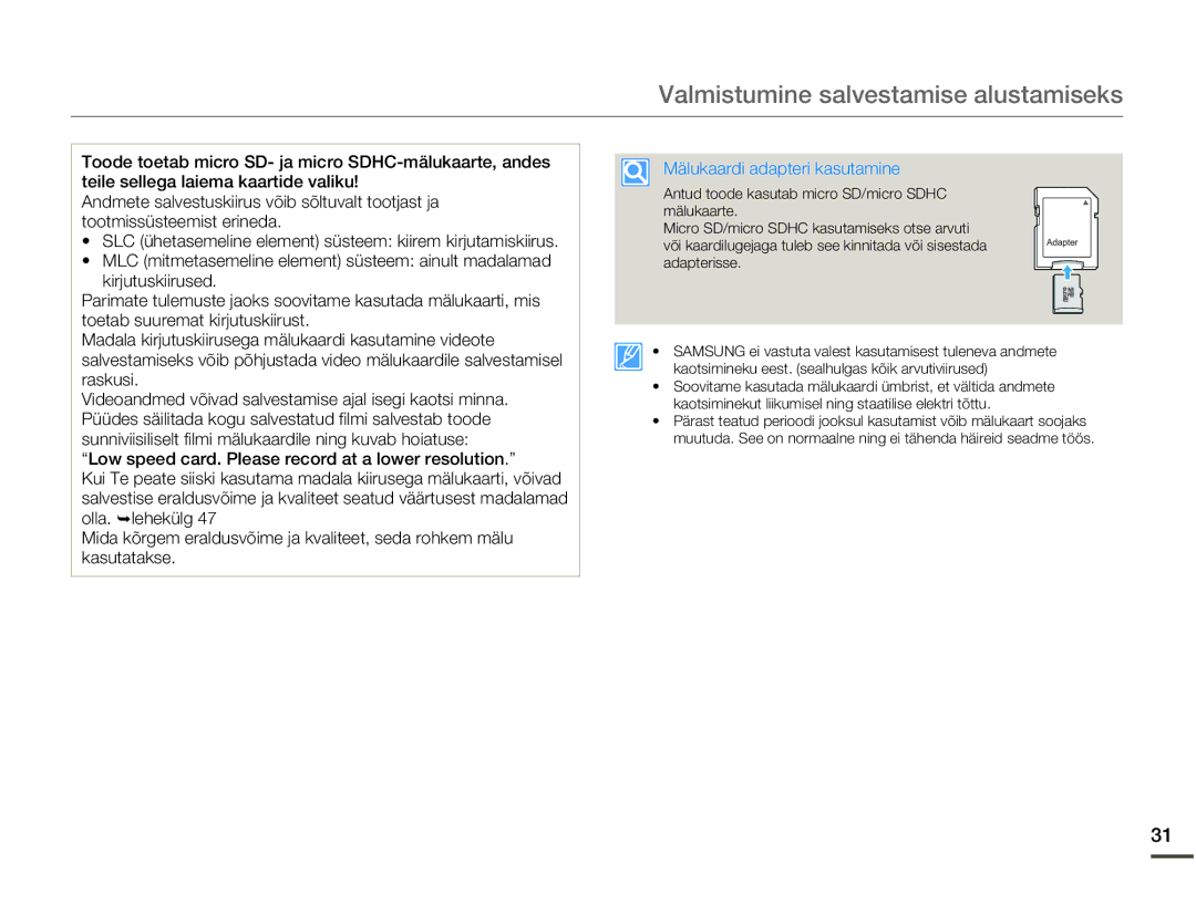 Samsung HMX-W200TP/EDC manual Mälukaardi adapteri kasutamine 