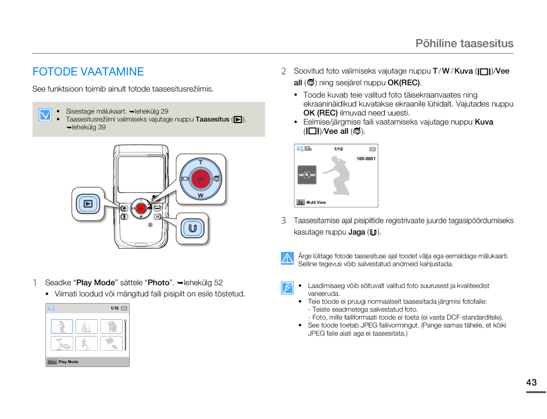 Samsung HMX-W200TP/EDC manual Fotode Vaatamine, See funktsioon toimib ainult fotode taasesitusrežiimis 