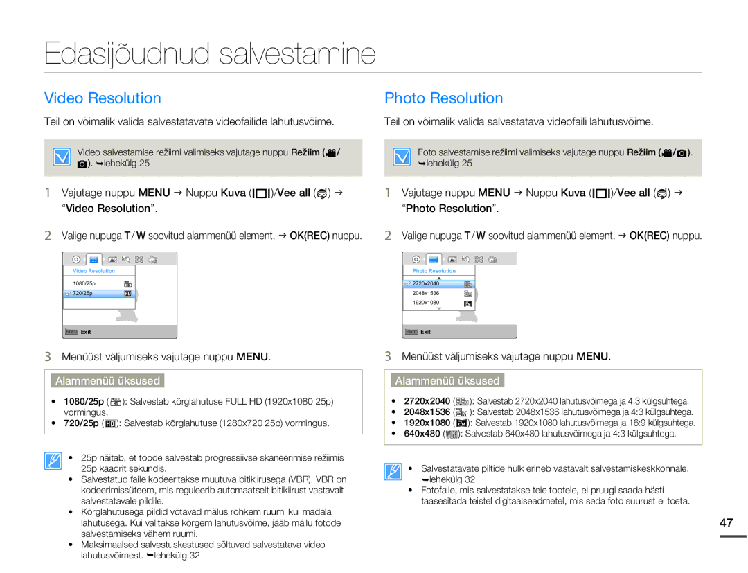 Samsung HMX-W200TP/EDC manual Edasijõudnud salvestamine, Video Resolution, Photo Resolution 