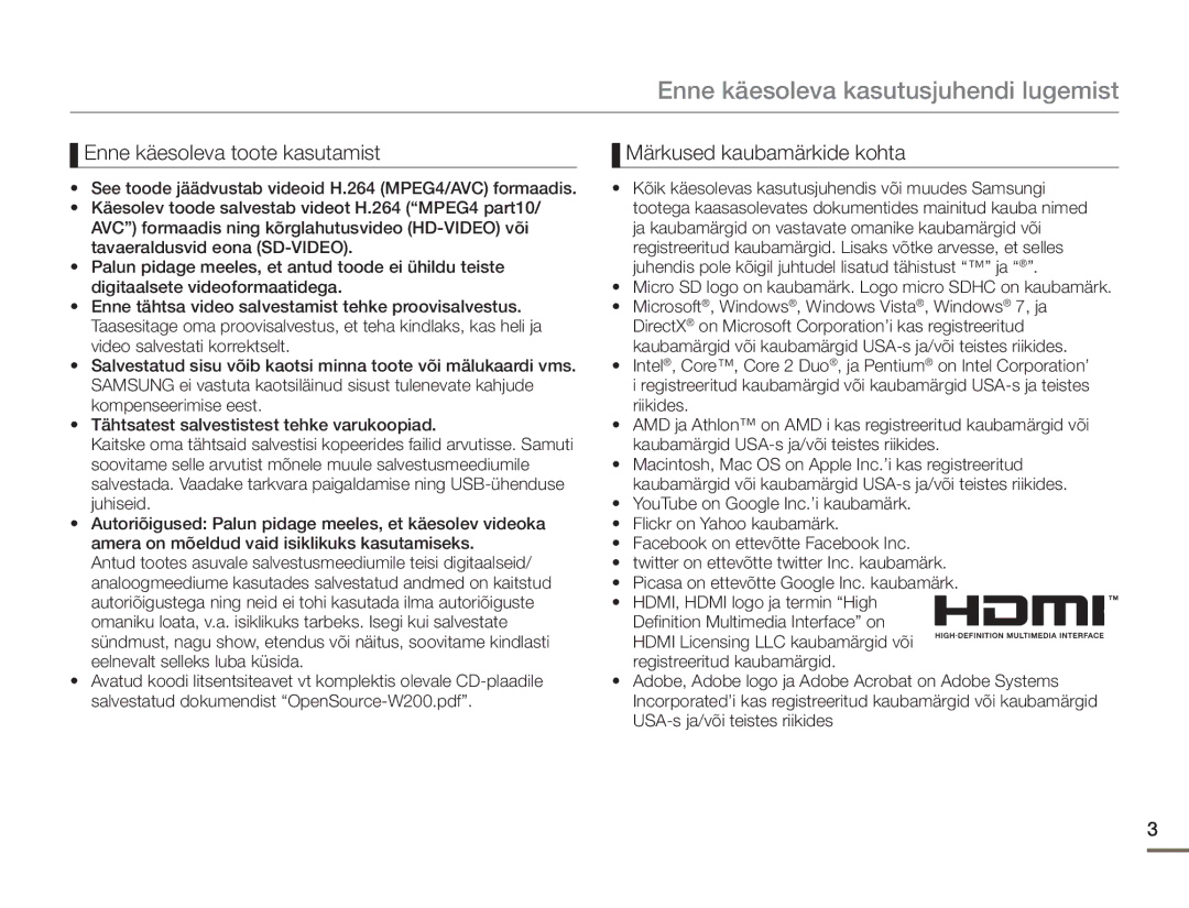 Samsung HMX-W200TP/EDC manual Enne käesoleva kasutusjuhendi lugemist, Enne käesoleva toote kasutamist 