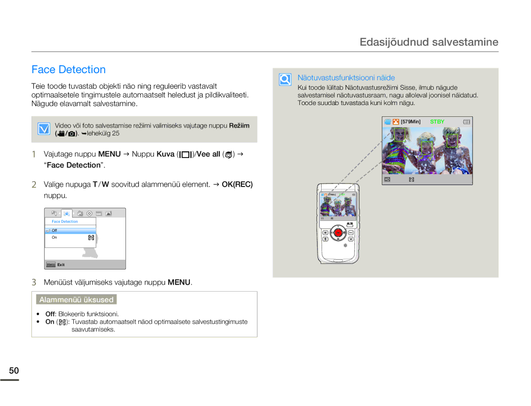 Samsung HMX-W200TP/EDC manual Face Detection, Näotuvastusfunktsiooni näide 