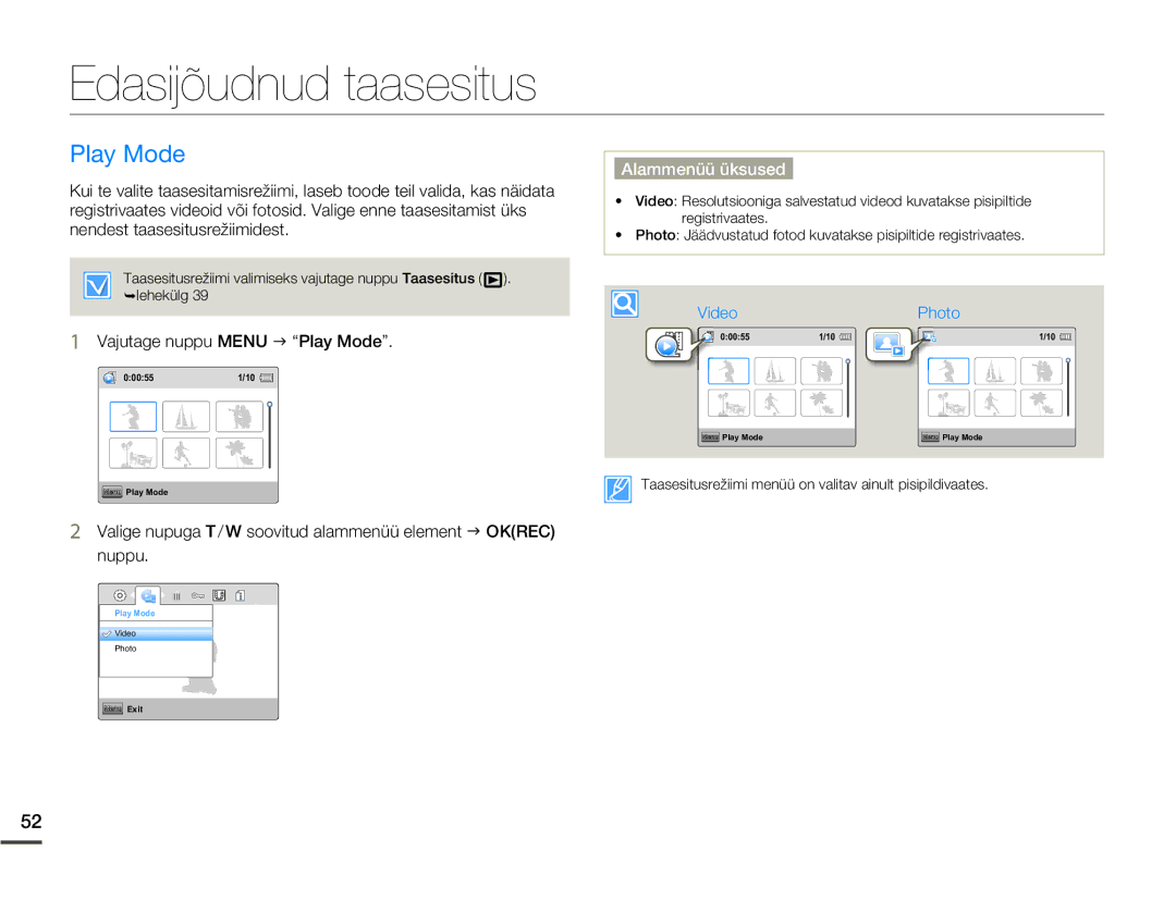 Samsung HMX-W200TP/EDC manual Edasijõudnud taasesitus, Vajutage nuppu Menu J Play Mode 