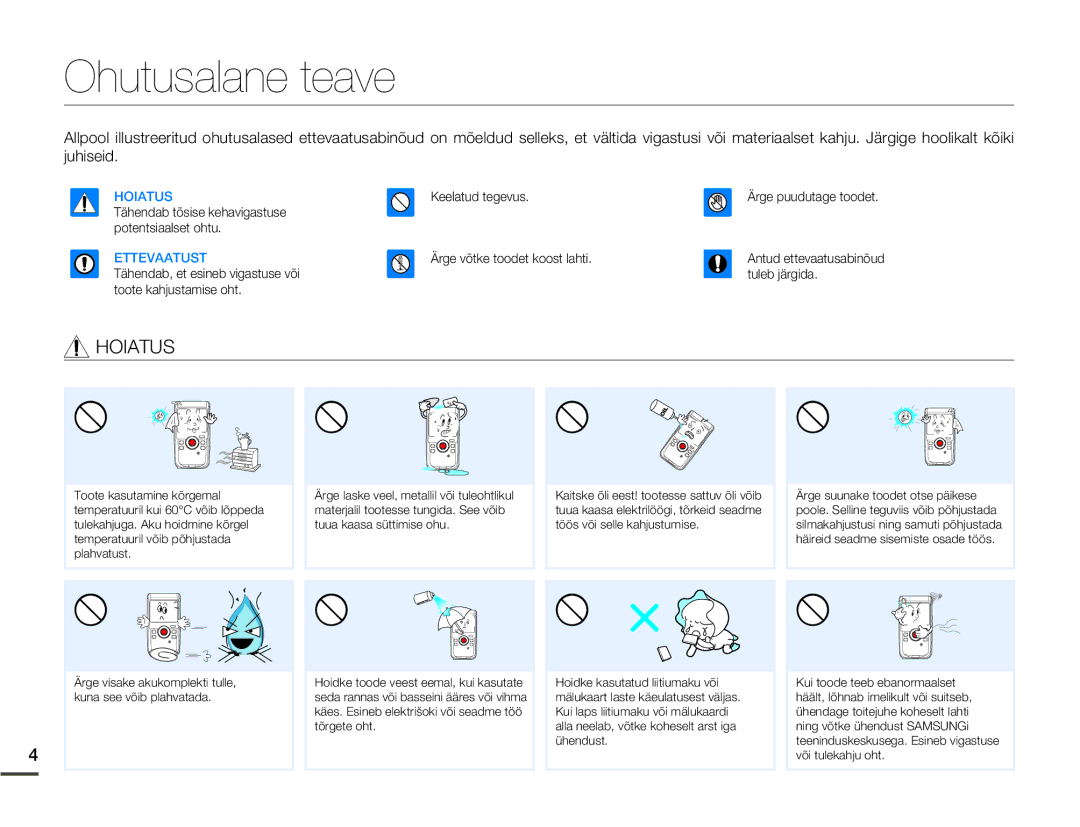 Samsung HMX-W200TP/EDC manual Ohutusalane teave, Ettevaatust 