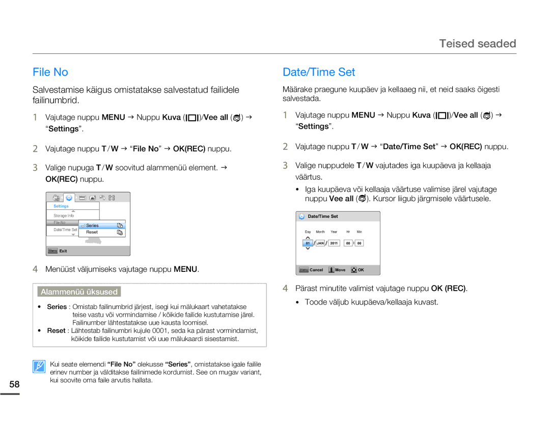 Samsung HMX-W200TP/EDC manual Teised seaded, File No Date/Time Set 