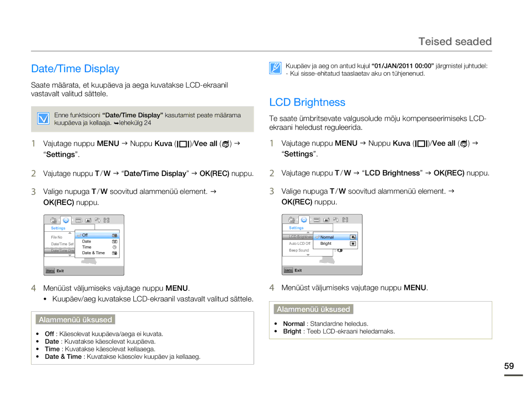 Samsung HMX-W200TP/EDC manual Date/Time Display, LCD Brightness, Vajutage nuppu Menu J Nuppu Kuva /Vee all J Settings 