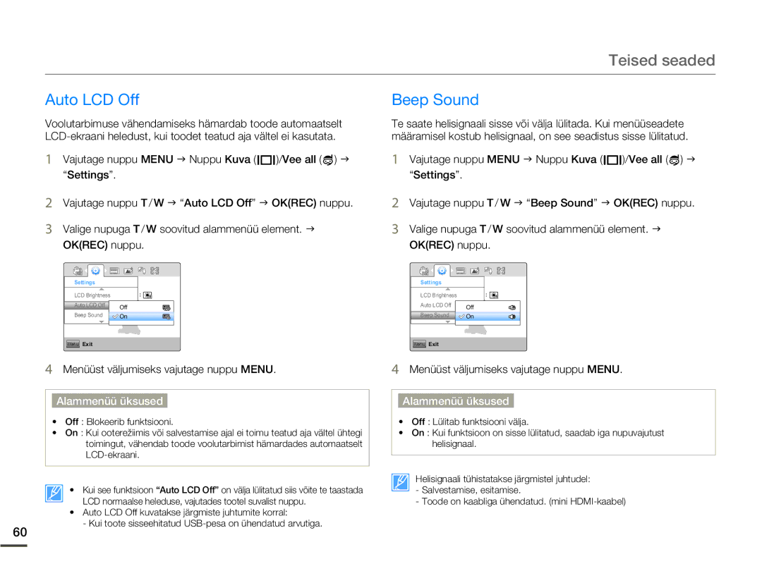 Samsung HMX-W200TP/EDC manual Auto LCD Off, Beep Sound 