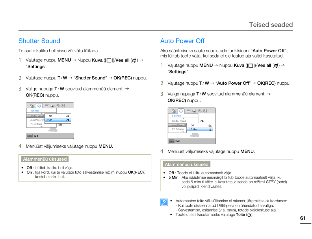 Samsung HMX-W200TP/EDC manual Shutter Sound, Auto Power Off 