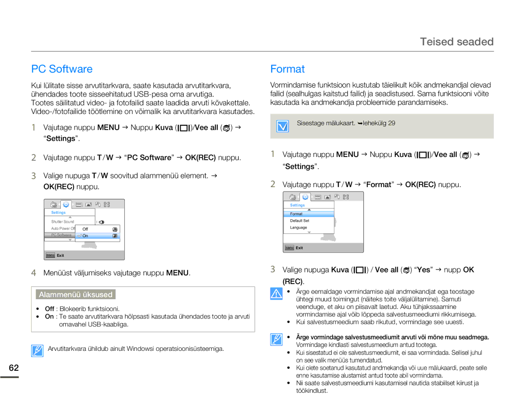 Samsung HMX-W200TP/EDC manual PC Software Format, Valige nupuga Kuva / Vee all Yes J nupp OK REC 