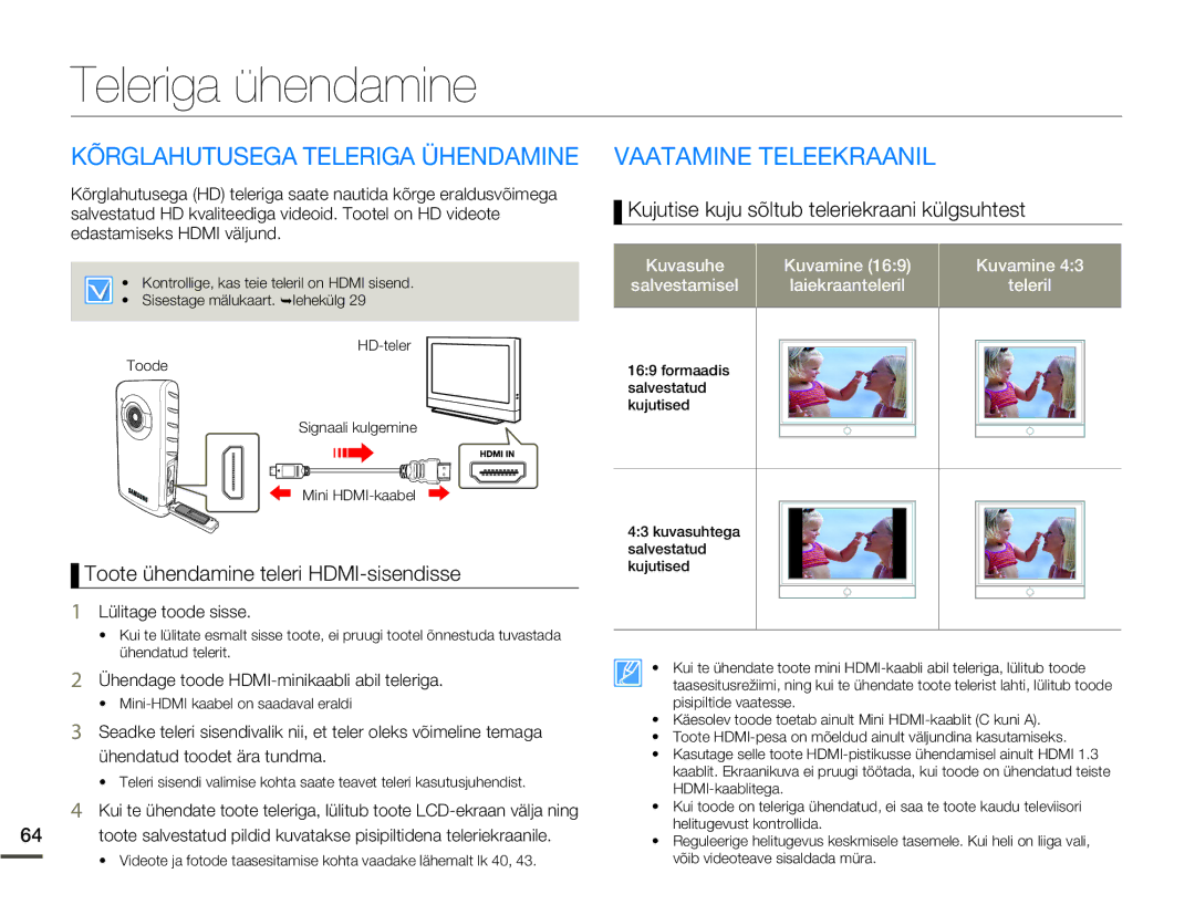 Samsung HMX-W200TP/EDC manual Teleriga ühendamine, Kõrglahutusega Teleriga Ühendamine, Vaatamine Teleekraanil 