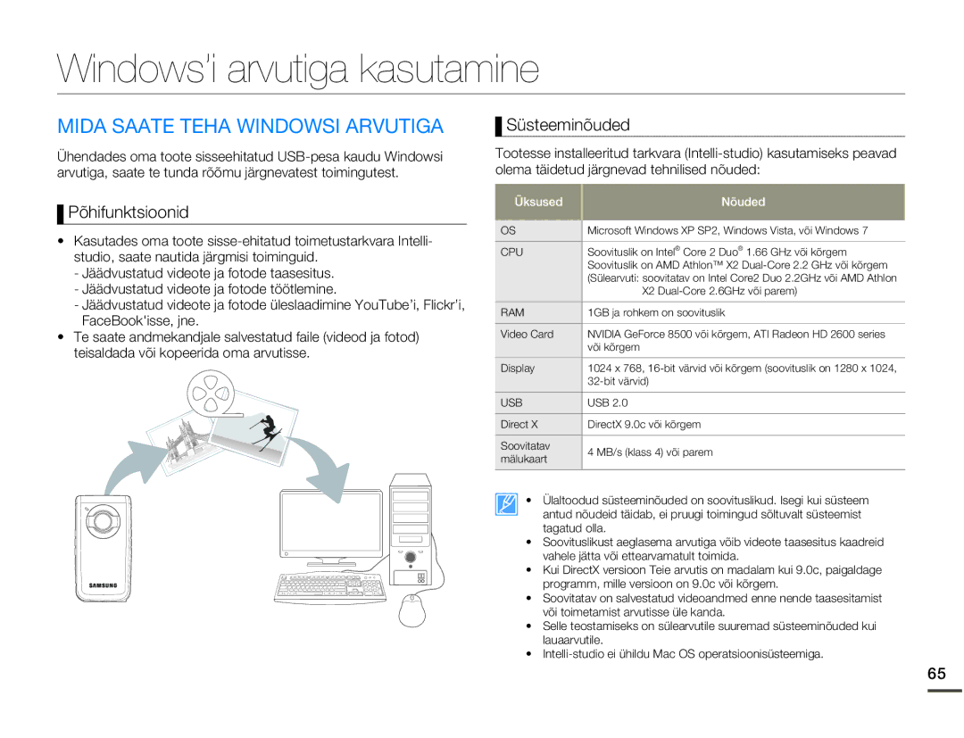 Samsung HMX-W200TP/EDC Windows’i arvutiga kasutamine, Mida Saate Teha Windowsi Arvutiga, Põhifunktsioonid, Süsteeminõuded 