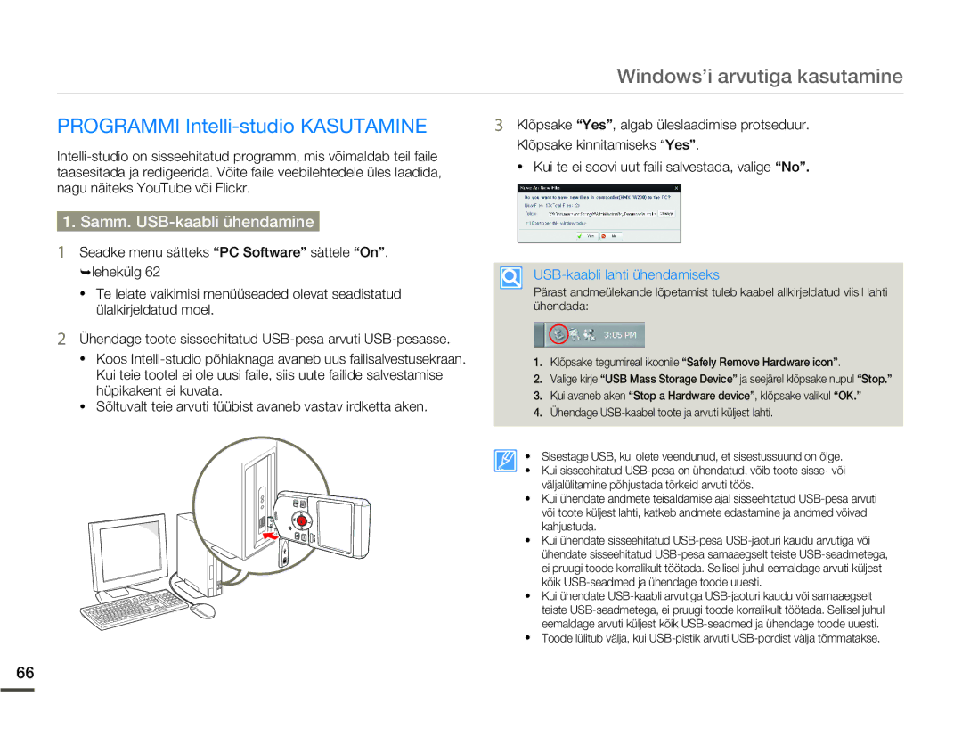 Samsung HMX-W200TP/EDC Windows’i arvutiga kasutamine, Programmi Intelli-studio Kasutamine, Samm. USB-kaabli ühendamine 