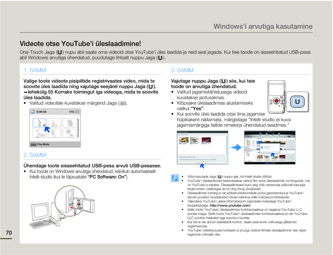 Samsung HMX-W200TP/EDC manual Videote otse YouTube’i üleslaadimine 