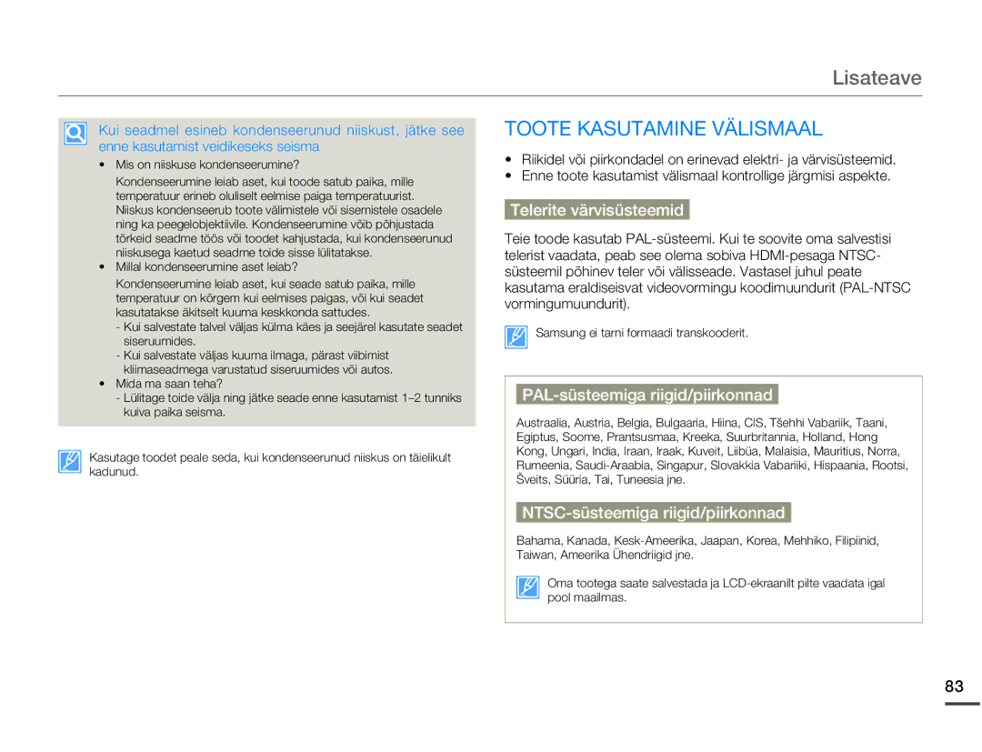 Samsung HMX-W200TP/EDC Lisateave, Toote Kasutamine Välismaal, Telerite värvisüsteemid, PAL-süsteemiga riigid/piirkonnad 