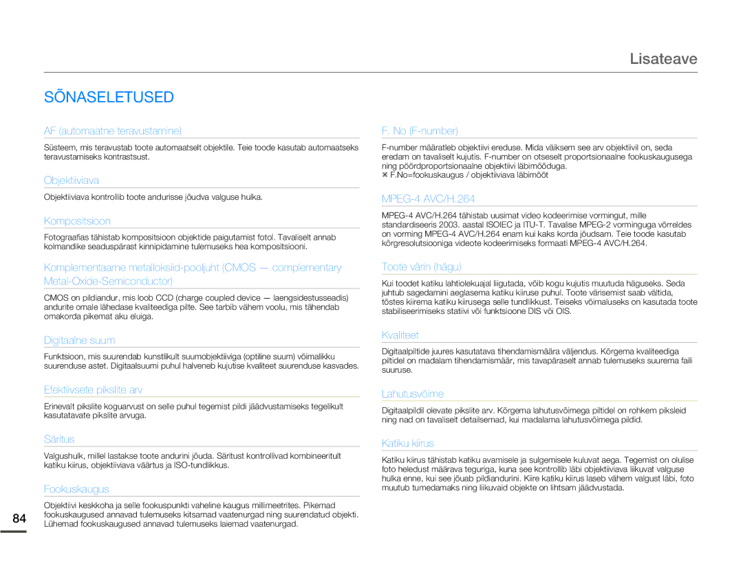 Samsung HMX-W200TP/EDC manual Sõnaseletused, AF automaatne teravustamine 